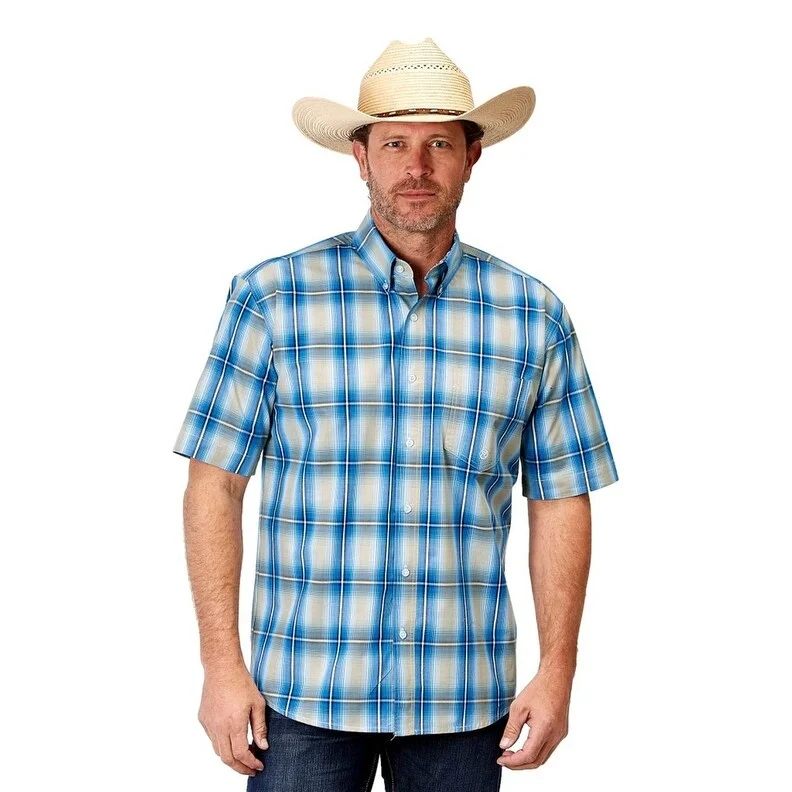 Roper Western Shirt Mens S/S Plaid Ombre Blue 03-002-0379-2098 BU