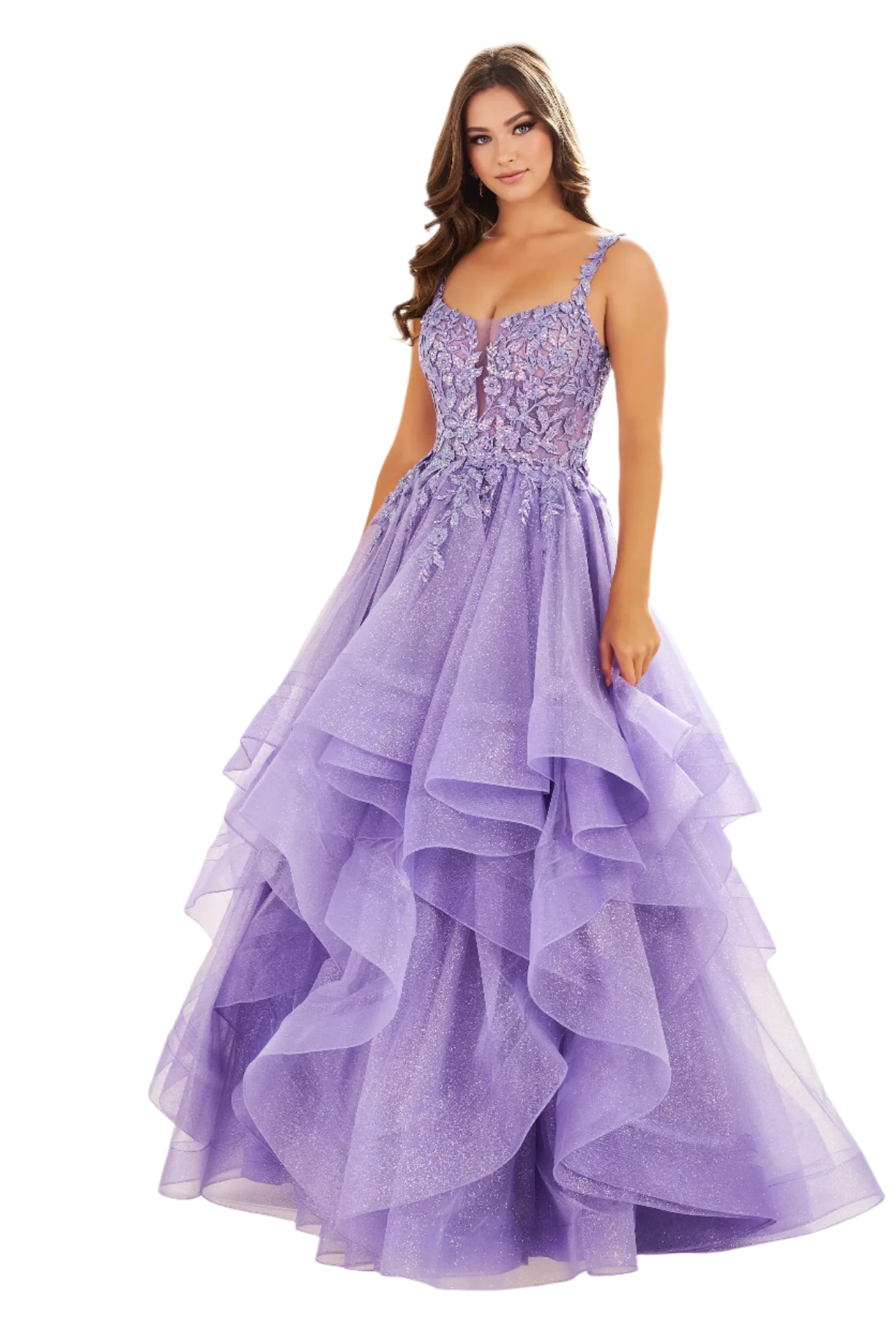 prom dresses with sequin detailingEllie Wilde EW36035 Size 00 Lavender Sheer Lace Shimmer Ruffle Prom Dress Ballgown Corset Sequin Layer Gown