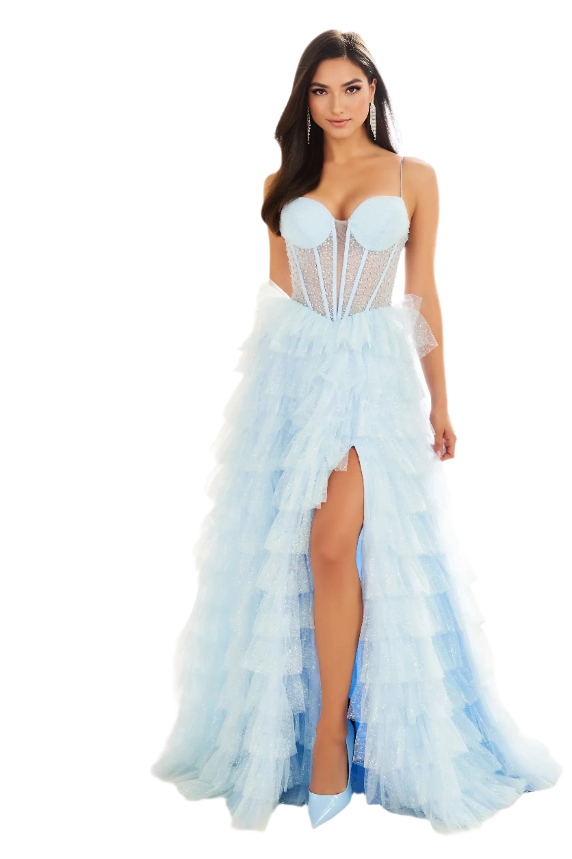 prom dresses for springEllie Wilde EW36029 Size 4 Ice Blue Sheer Corset Layered slit Prom Dress Shimmer Pearl Pageant Gown Formal