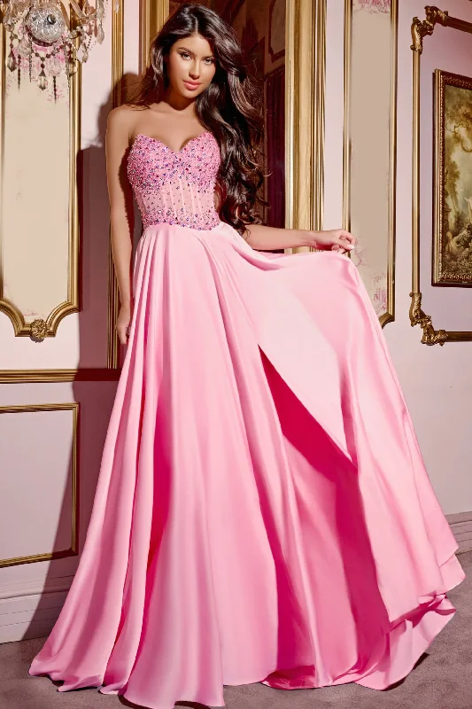 sweetheart neckline prom dressesJovani D6021 Sheer Pink Crystal Corset A Line Prom Dress V Neck Slit Formal Gown Chiffon