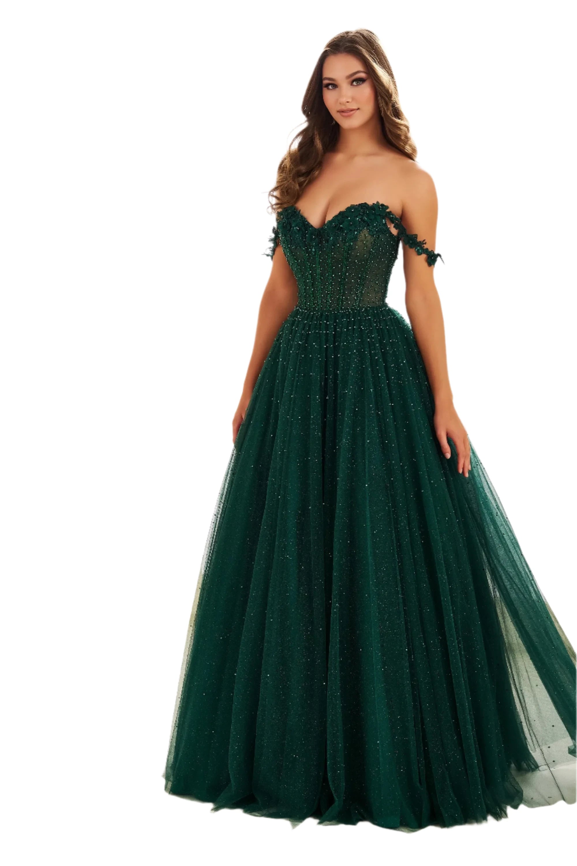 prom dresses for pear shapesEllie Wilde EW36071 Size 00 Emerald Long A Line Sheer lace Corset Prom Dress off the shoulder Formal ball Gown