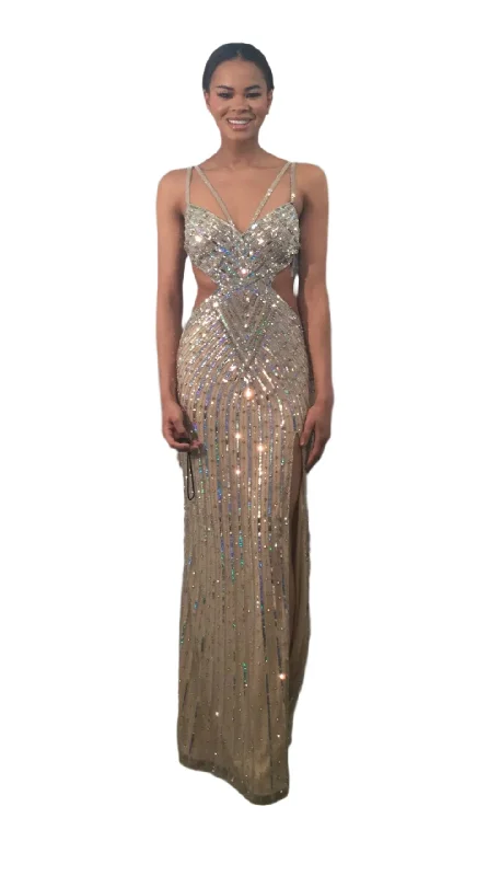 prom dresses with trainsJovani 40060 Size 00 Nude Long Sequin Cut Out Prom Dress Formal Crystal Gown Beaded