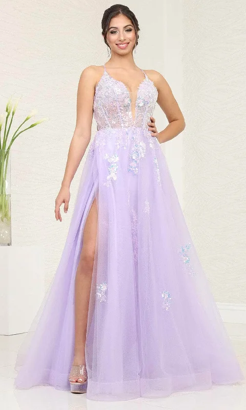 corset prom dressesMay Queen RQ8136 - Deep V-Neck Tulle Prom Dress