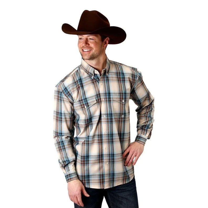 Roper Western Shirt Mens L/S Pleat Plaid Brown 03-001-0378-1048 BR