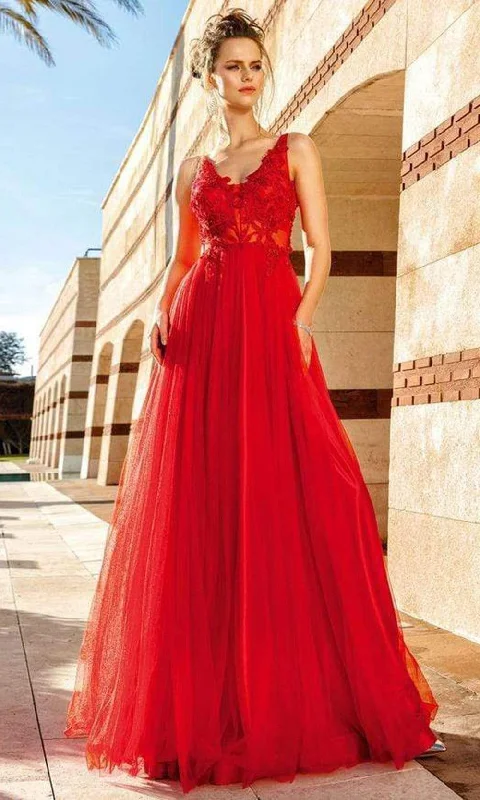 Formal Dress for Sustainable FashionMNM Couture - Floral Embroidered V-neck A-line Gown F4884 - 1 pc Red In Size 2 Available