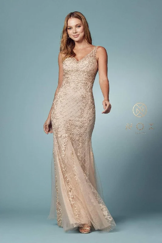 Women's Formal Dress OptionsNox Anabel - Sleeveless V Neck Beaded Lace Applique Trumpet Gown A398