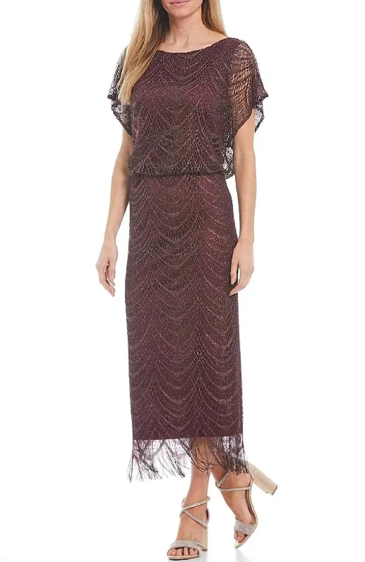 maxi dresses with built-in brasFringe Hem Crochet Blouson Long Dress In Fig