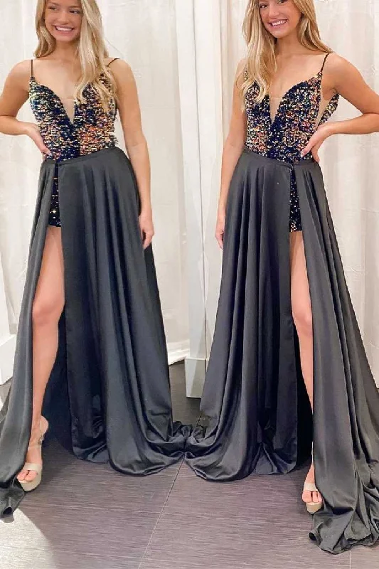 maxi dresses for girlsSpeical Navy Sequins Short Dress with Black Long Train