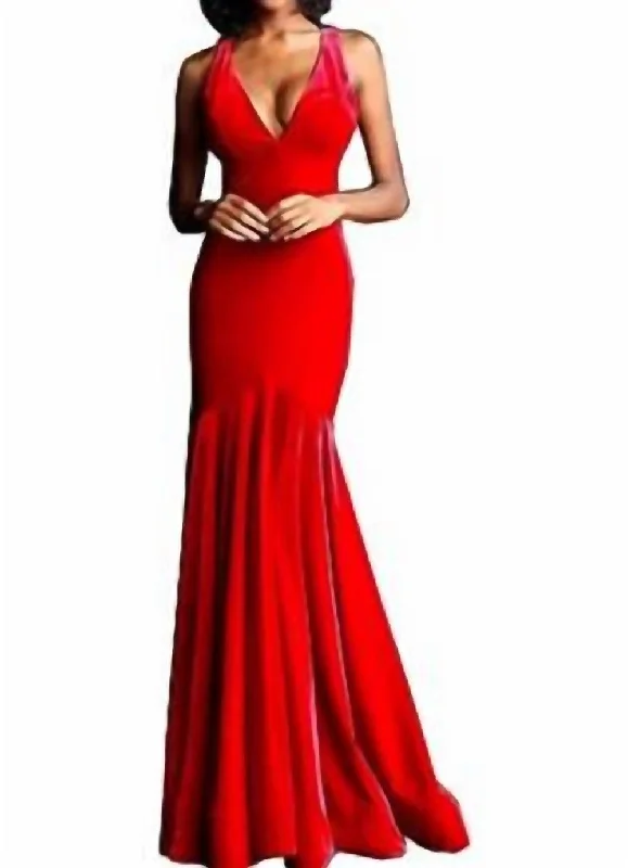 casual maxi dressesVelvet Open Back Long Dress In Red