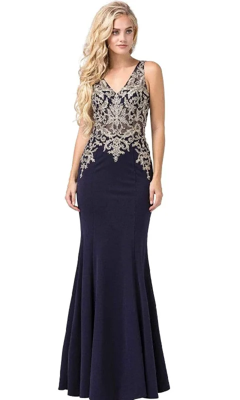 Formal Dress for Film PremieresDancing Queen - Embellished V-Neck Fitted Long Gown 2496 - 1 pc Navy In Size S Available