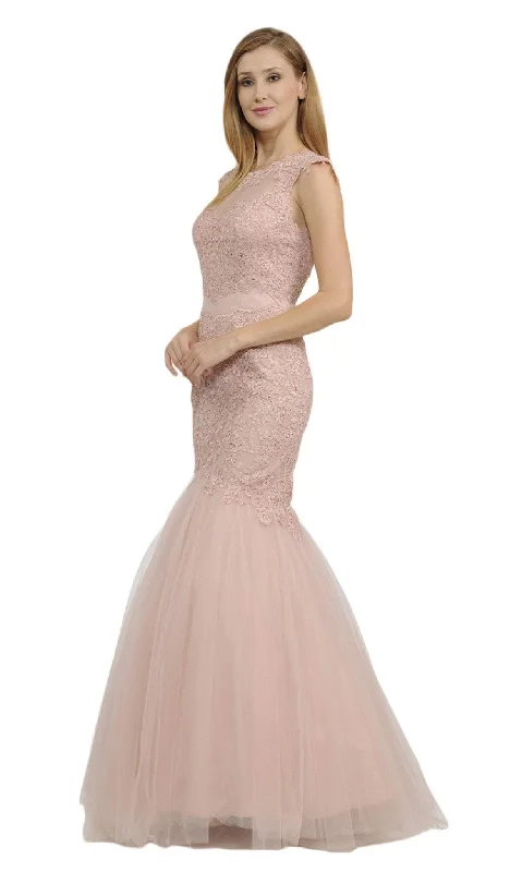 Formal Dress for New Year's EvePoly USA - 8226 Cap Sleeve Appliqued Illusion Cutout Mermaid Gown