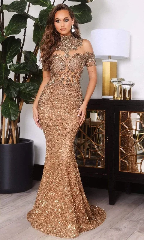 Formal Dress for Black-Tie Optional EventsPortia and Scarlett - PS22418C Embellished High Neck Trumpet Gown