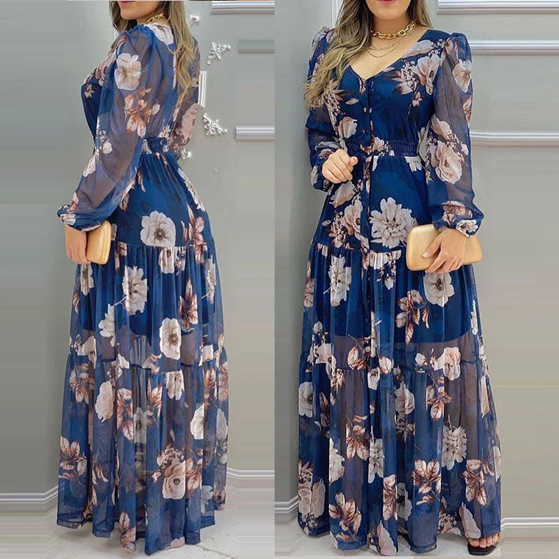 maxi dresses for warm weatherWomen's Floral Print Fashion Designer Long V-Neck Chiffon Dresses (Plus Size)