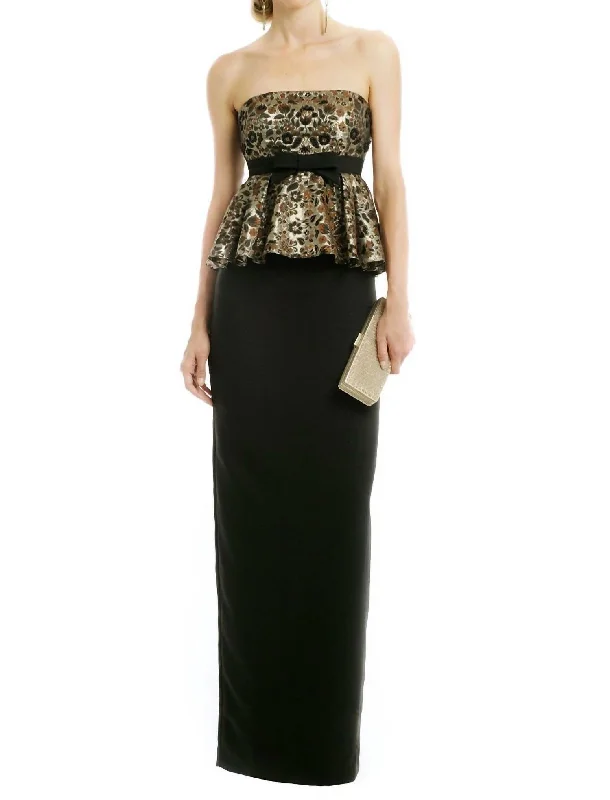 maxi dresses for winter (with tights)Brocade Peplum Strapless Column Embellished Long Dress In Black/gold