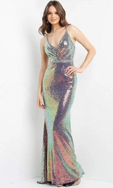 Formal Dress for Runway ShowsJVN by Jovani - JVN06391 V Neck Holographic Shimmer Gown