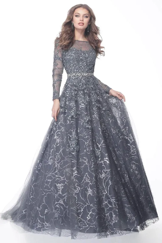 Formal Dress for Bat MitzvahsJovani - Illusion Bateau Glittered Ballgown 51838SC - 1 pc Gunmetal In Size 12 Available