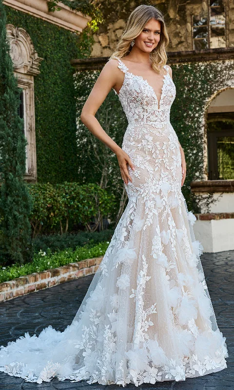 Formal Dress for Military BallsRachel Allan RB5063 - 3D Floral Appliqued Trumpet Bridal Gown