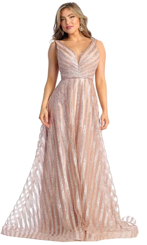 Formal Dress for Small WeddingsMay Queen RQ7945 - Stripe Glittered A-line Gown