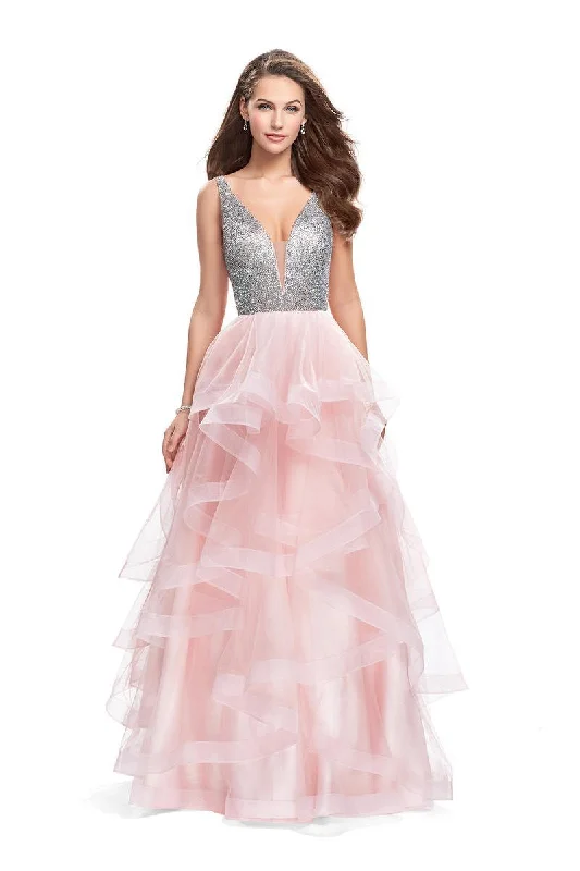 Formal Dress for Garden Party ThemesLa Femme - 26223 Metallic Beaded Plunging Bodice Tulle Ballgown