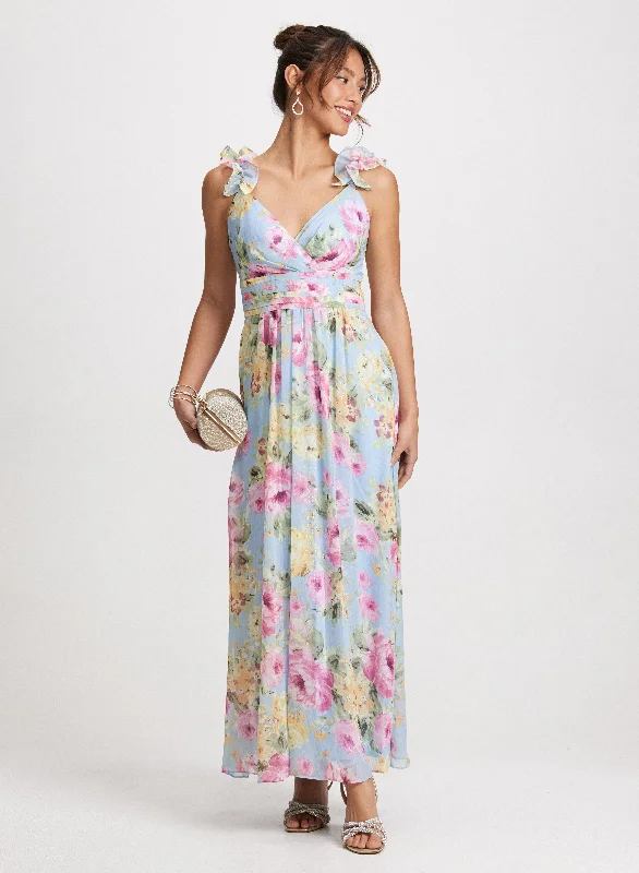 maxi dresses for day-to-night wearLong Ruffled Shoulder Floral Dress