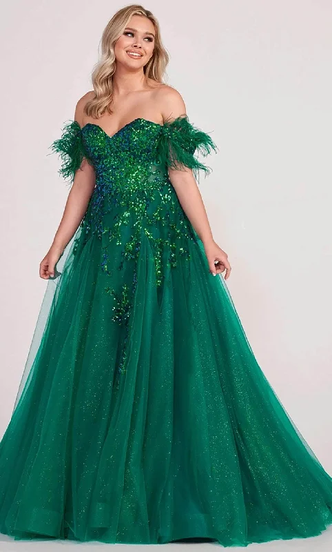 Formal Dress for Beauty ContestsEllie Wilde EW34013 - Feathered Off Shoulder A-line Gown