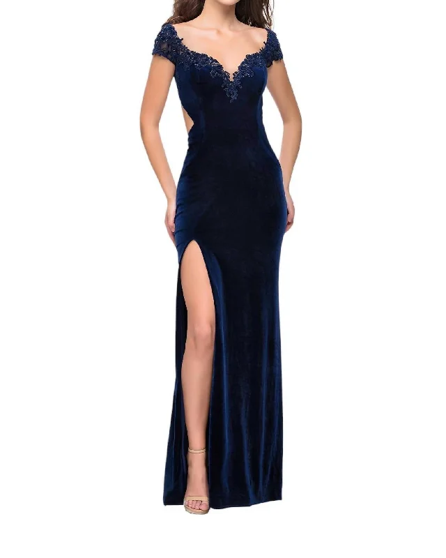 maxi dresses with sleevesOff The Shoulder Velvet Long Dress In Navy