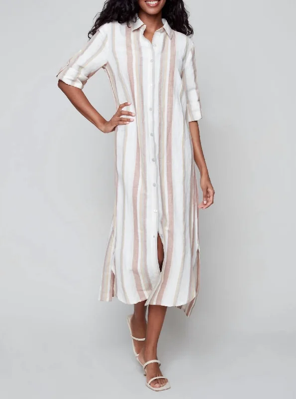 maxi dresses with lace overlaysStriped Long Linen Blend Duster Dress in Clay