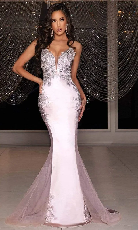 Formal Dress for Summer WeddingsPortia and Scarlett - PS22212 Plunging V-Neck Lace Appliqued Long Gown