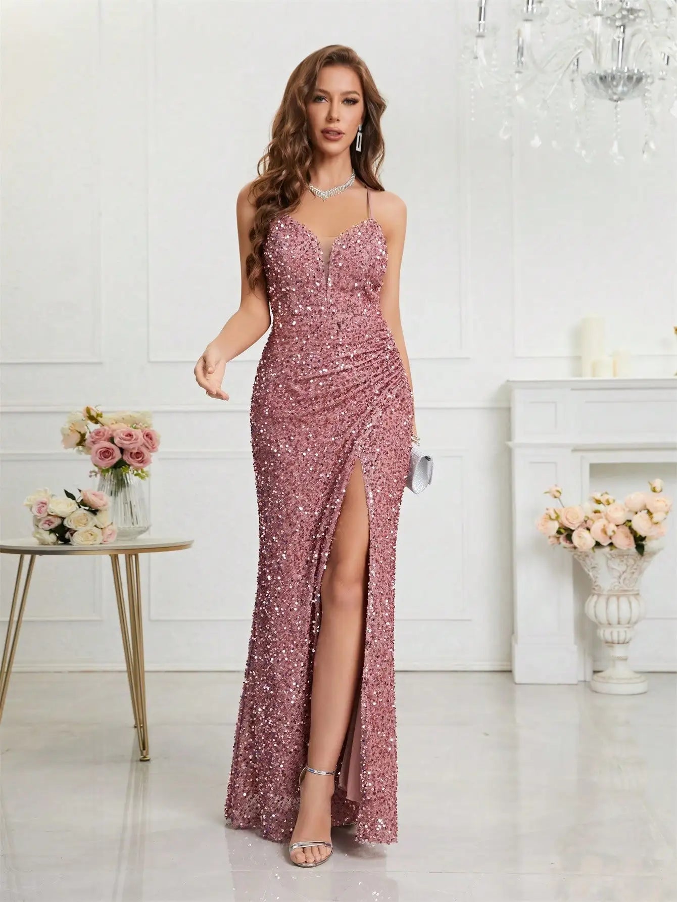 maxi dresses with long sleevesWomen's Sequin Spaghetti Strap Fashion Design Split Dresses (Long)