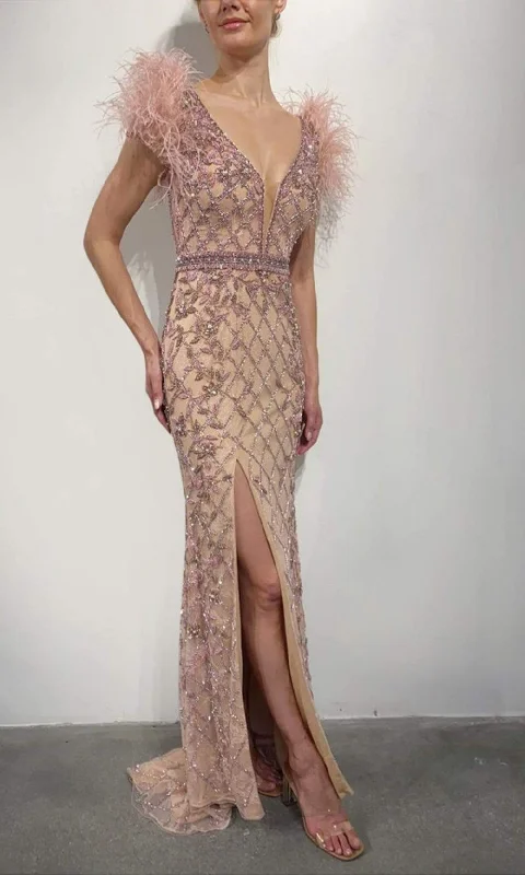 Formal Dress for Black-Tie Optional EventsTerani Couture - 2027GL3248 Lattice Beaded Hight Slit Gown