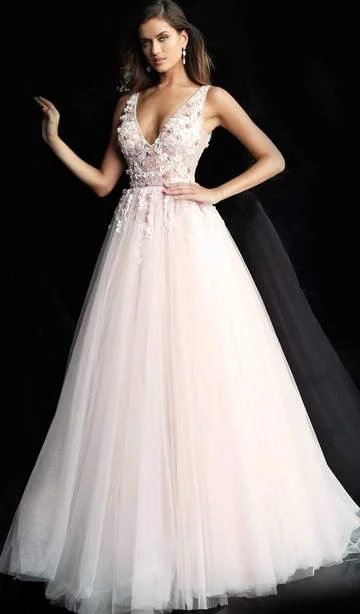 Formal Dress for Talent ShowsJovani - Floral Embellished Plunging V-Neck Pleated Ballgown 61109SC