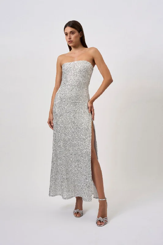 silk maxi dressesSkylar Sequin Long Line Dress | Final Sale - Brushed Silver