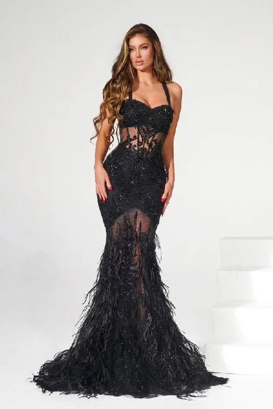 Formal Dress for Academic AwardsPortia and Scarlett - PS22120 Beaded Sleeveless Feathered Trumpet Gown