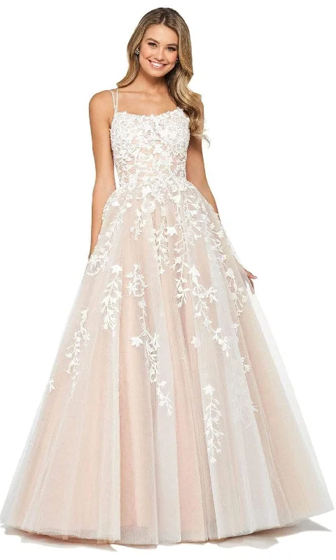 Formal Dress Shops in New YorkSherri Hill - Floral Lace Appliqued Lace-up Back Ballgown 53116 - 1 pc Ivory/Nude In Size 00 Available