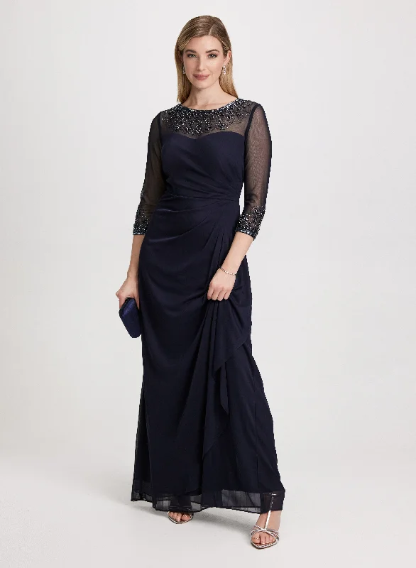 maxi dresses with pockets and sleevesBeaded-Neck Long Flounce Dress