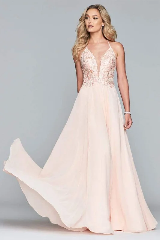 Formal Dress for Beach ThemesFaviana - 10201 Plunging V Neckline Halter Lace Up Back Gown