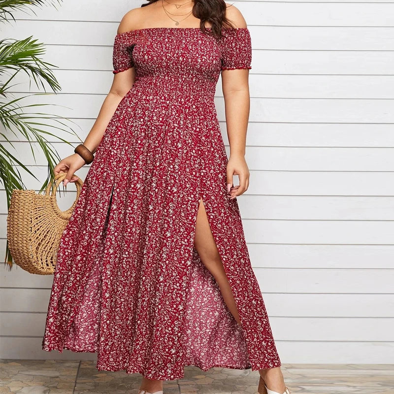 maxi dresses with embroidered patternsWomen's Off Shoulder Split Boho Fashion Chiffon 4XL Long Dresses (Plus Size)