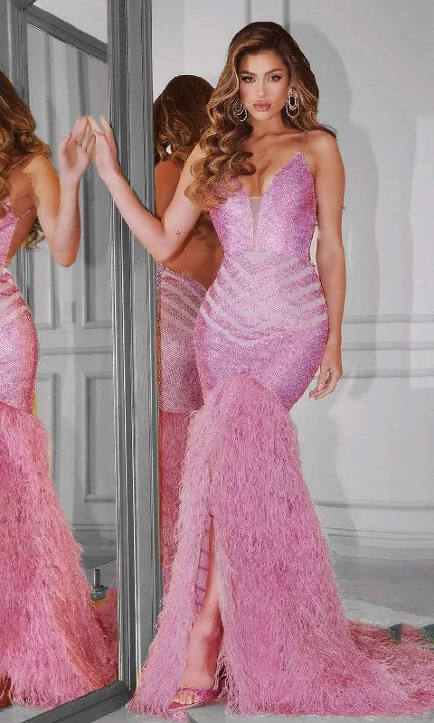 Formal Dress for Black Tie EventsPortia and Scarlett - PS22336 Sequined Feather Fringed Mermaid Gown