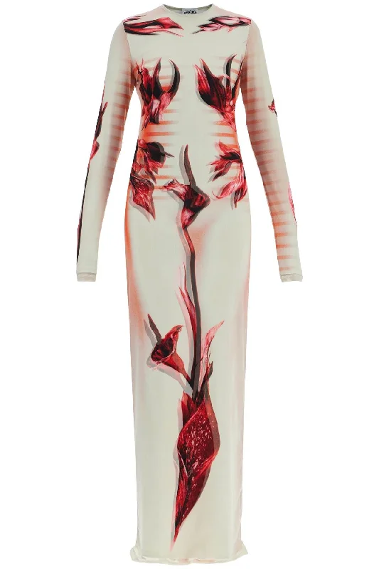 maxi dresses with pocketsJean Paul Gaultier Women's Long Dress Flower Body Morphing pink Floral Slim