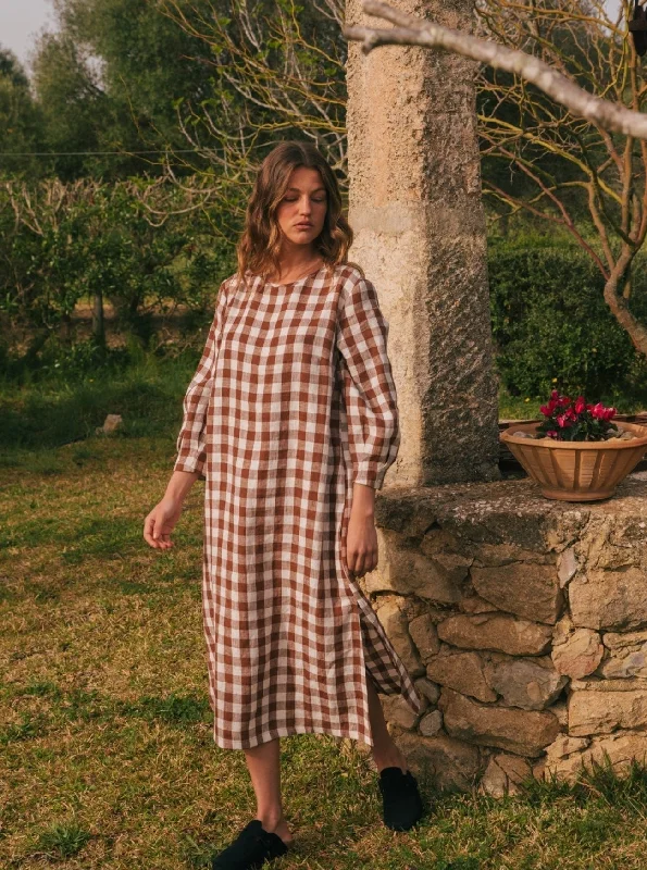 maxi dresses for mother of the brideAmalia Long-Length Linen Dress - Mocha Gingham