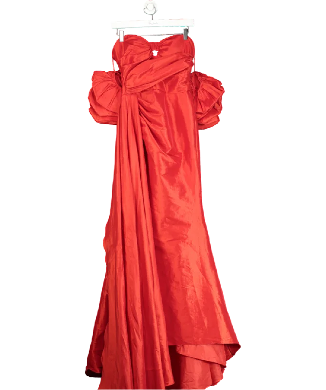 maxi dresses with pleatsSmilprince Red Elegant Off-shoulder Puff Sleeve High Slit Sheath Long Dress UK XS