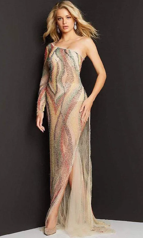 Formal Dress for Vintage ThemesJovani - 06741 Beaded Multicolor Slit Sheer Gown