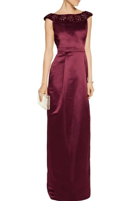 maxi dresses for autumnSatin Column Embellished Long Dress In Burgundy