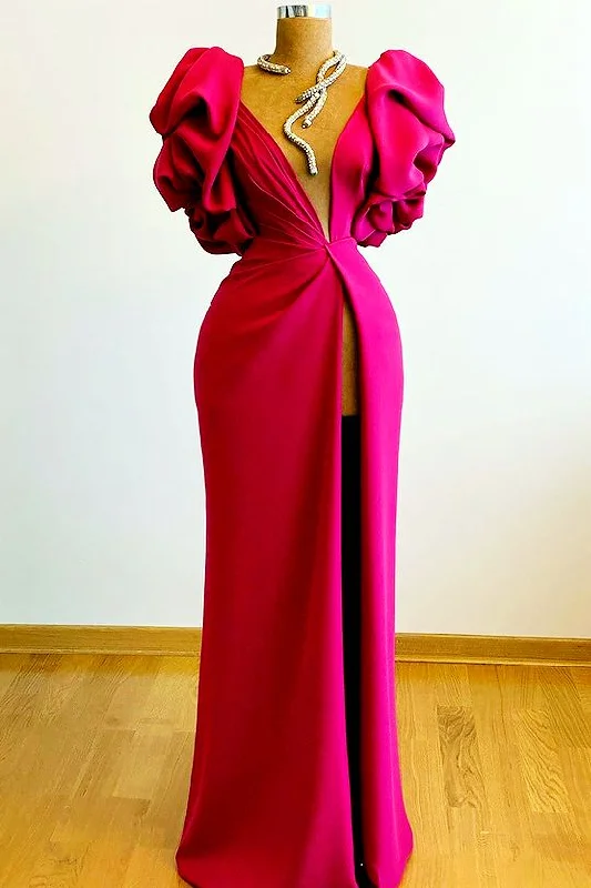 ball gown party dressesHigh Split Mermaid Long Evening Dress Hot Pink African Party Dress Y1900