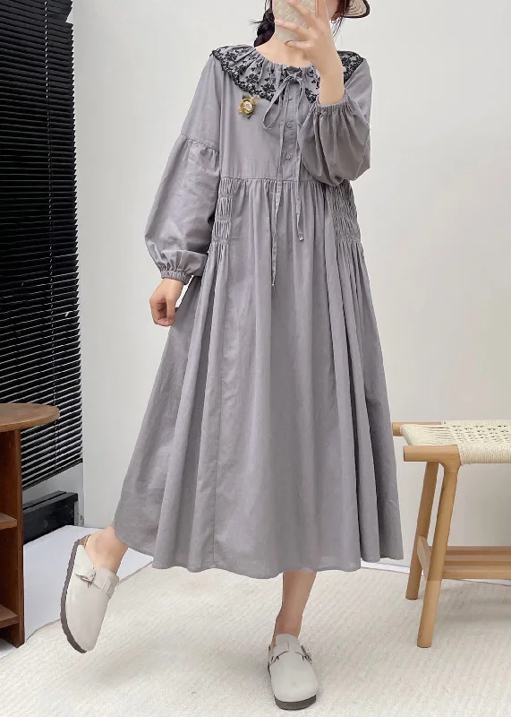 striped maxi dressesSimple Grey Peter Pan Collar Patchwork Wrinkled Vacation Long Dresses Long Sleeve