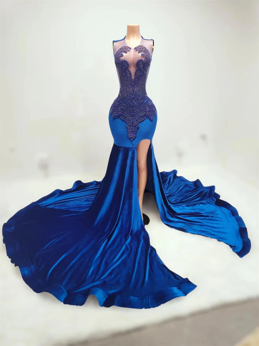 beach party dressesRoyal Blue Long Prom Dresses For Black Girls Mermaid Sheer Crystals American African Evening Gown Birthday Party Robe Customized