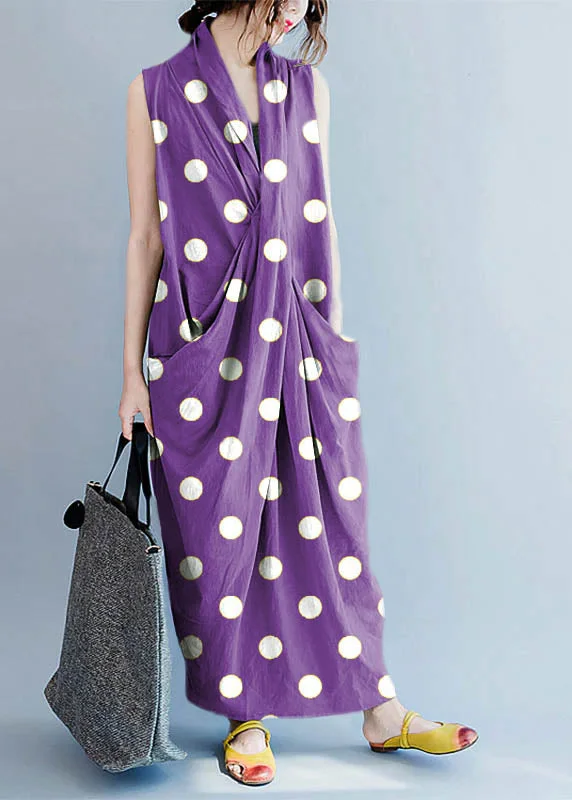 maxi dresses with removable beltsV Neck Sleeveless Loose Long Dress Casual Split Hem Purple polka dots Long Tank