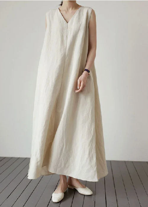 Sleeveless Dress LooseLoose Apricot V Neck Pockets Linen Dress Sleeveless