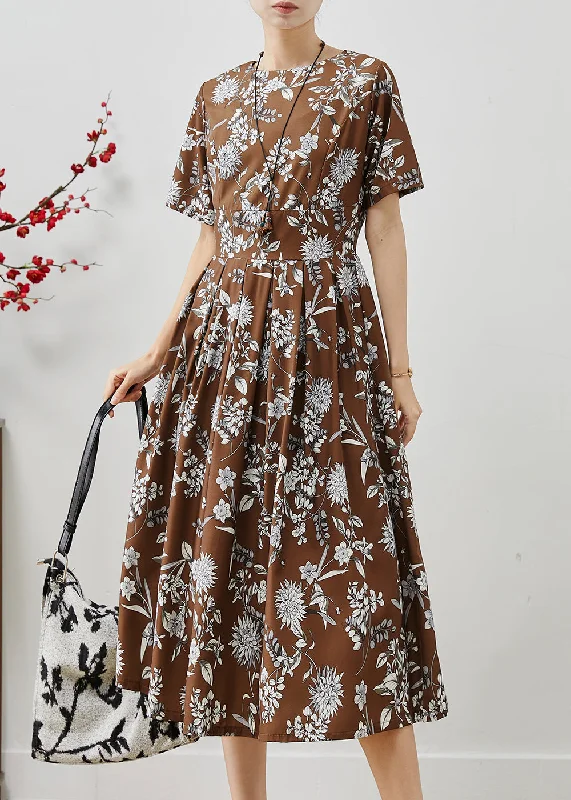 maxi dresses for teensElegant Brown Print Silm Fit Cotton Long Dresses Summer