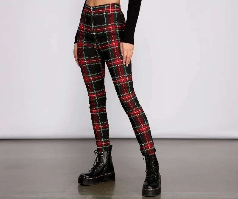 women's party pantsHigh Waist Plaid Zip Front Pants